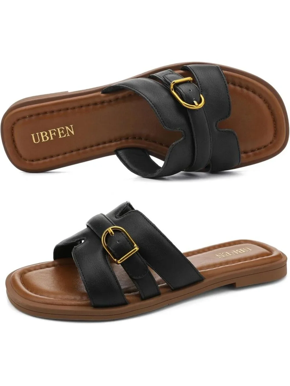 Women's Black Brown Square Toe Flat Sandals Slides Dressy Comfortable for Casual